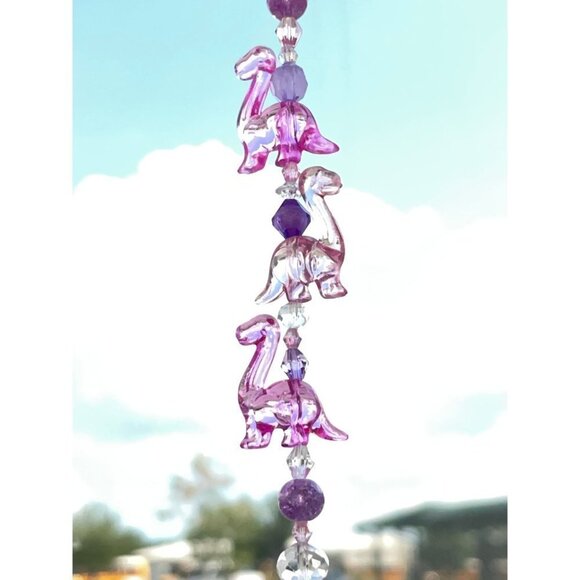 Dinosaur Beaded Suncatcher Rearview Mirror Charm Pink Clear Heart Crystal Prism - Picture 6 of 10